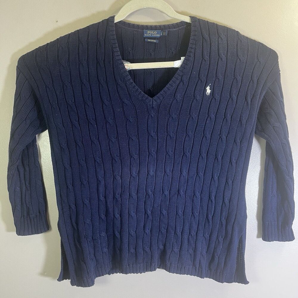 Polo Ralph Lauren Women Large Cable Knited Blue Sweater Pony Pullover V-Neck